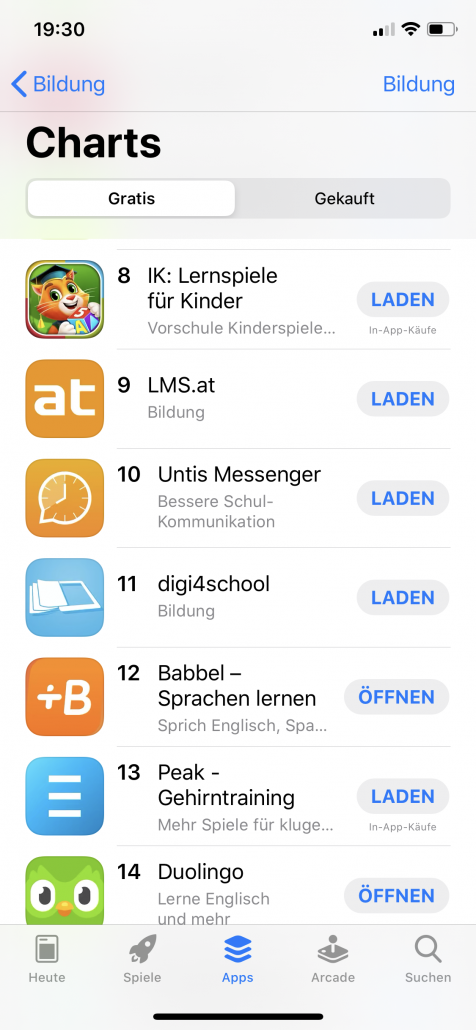 eSquirrel auf Platz 4 in Bildung in den iOS-Charts vor lms.at, digi4school und Babbel